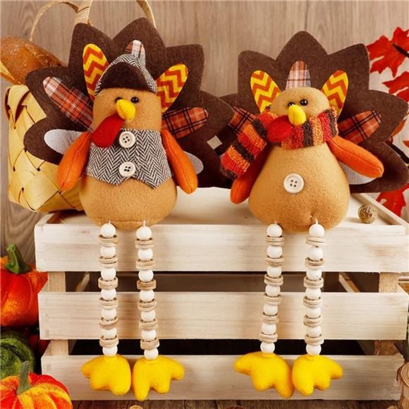 Set of 2 Turkeys with Dangling Legs, Mr and Mrs Turkey Couple Plush Tabletop - Picture 1 of 7